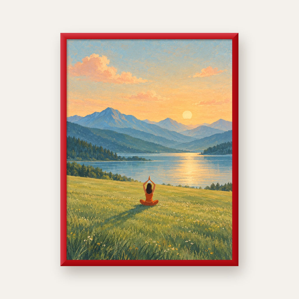Dağ Meditasyonu Manzara Poster — kırmızı çerçeveli