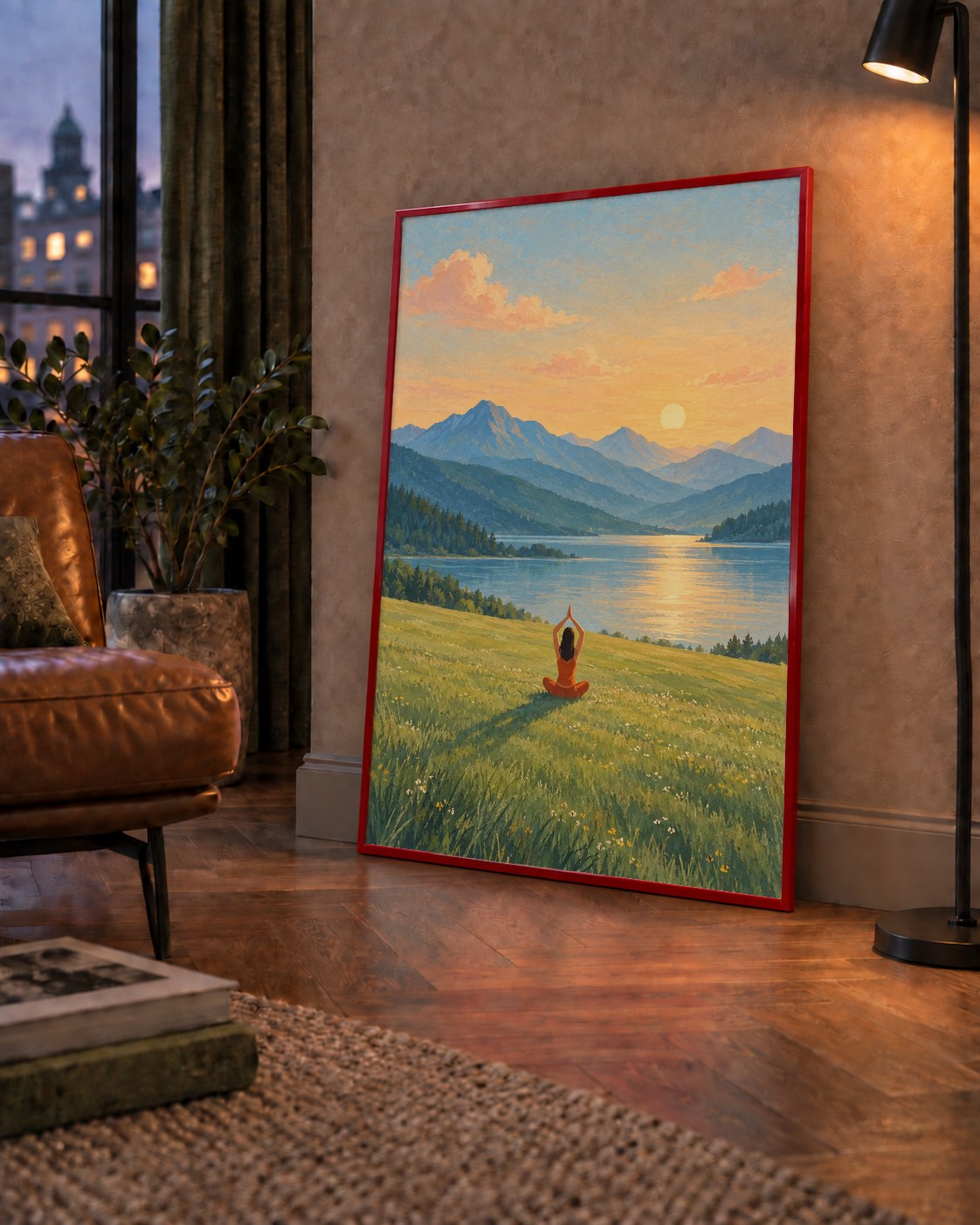 Dağ Meditasyonu Manzara Poster — çerçeveli hâliyle bir ev duvarında
