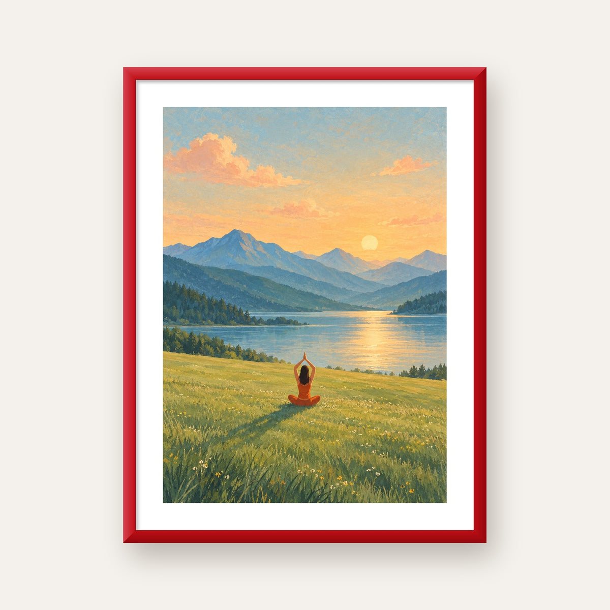 Dağ Meditasyonu Manzara Poster — kırmızı çerçeveli paspartulu