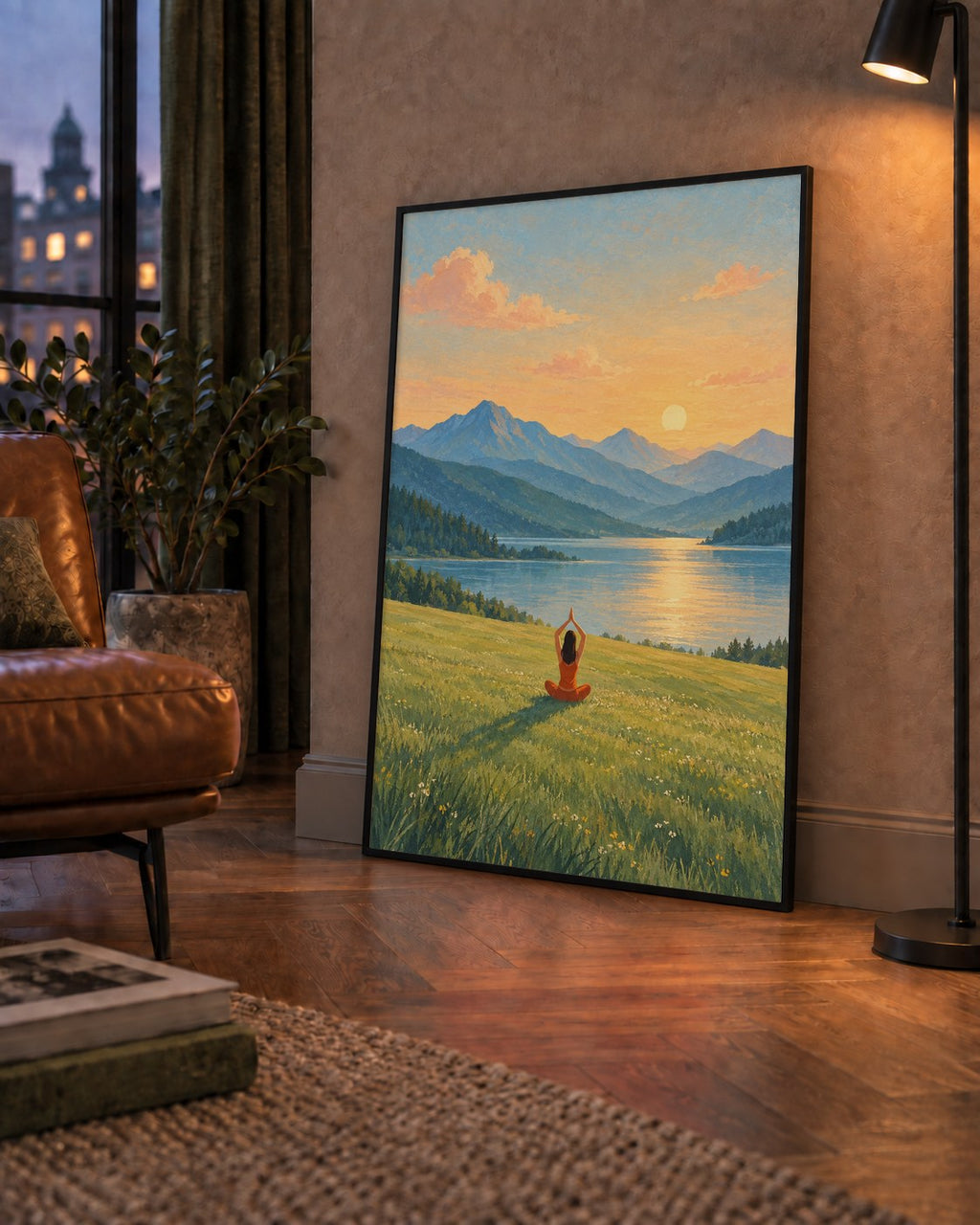 Dağ Meditasyonu Manzara Poster — çerçeveli hâliyle bir ev duvarında