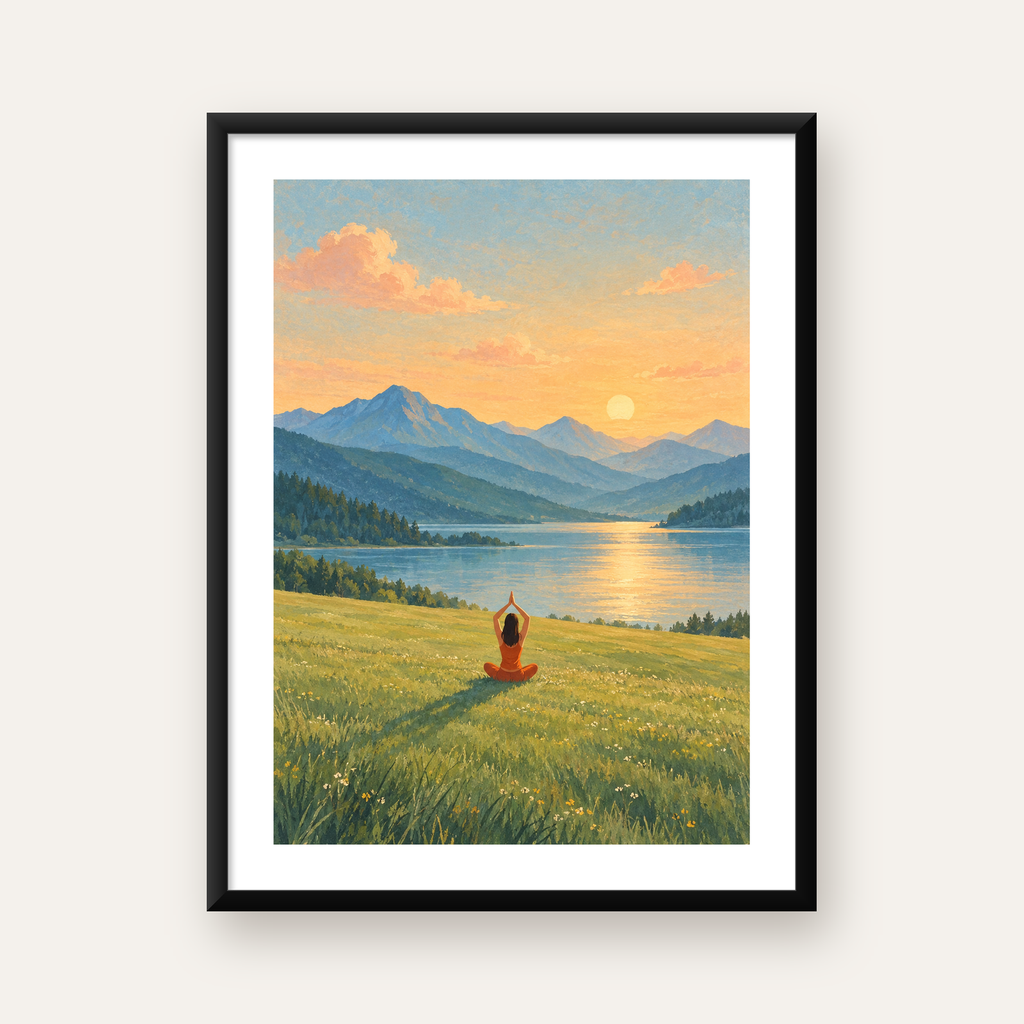 Doğada Meditasyon Manzarası Poster – Yoga ve Huzur Sanat Baskısı — Dikey baskı, beyaz kenar boşluklu