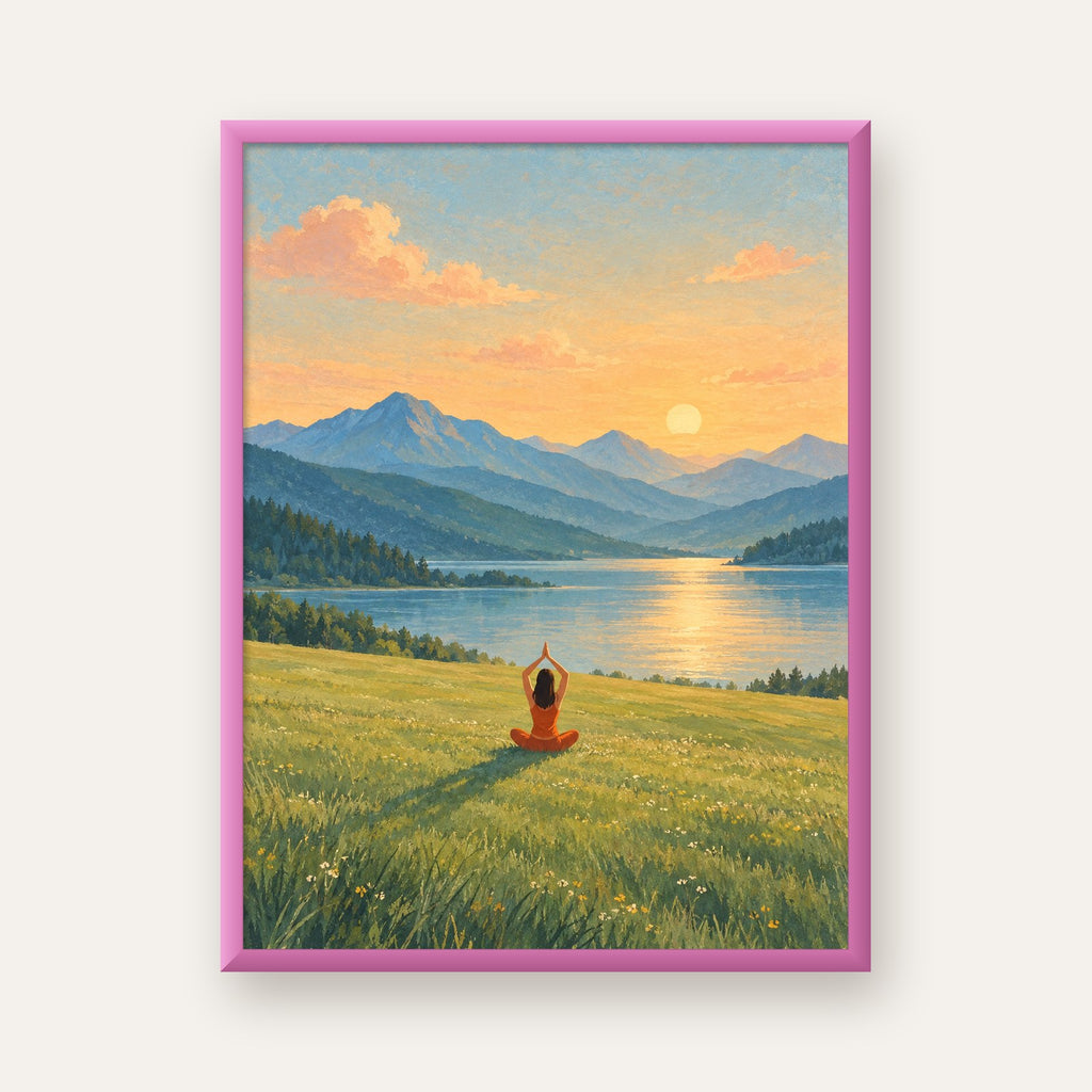 Dağ Meditasyonu Manzara Poster — pembe çerçeveli