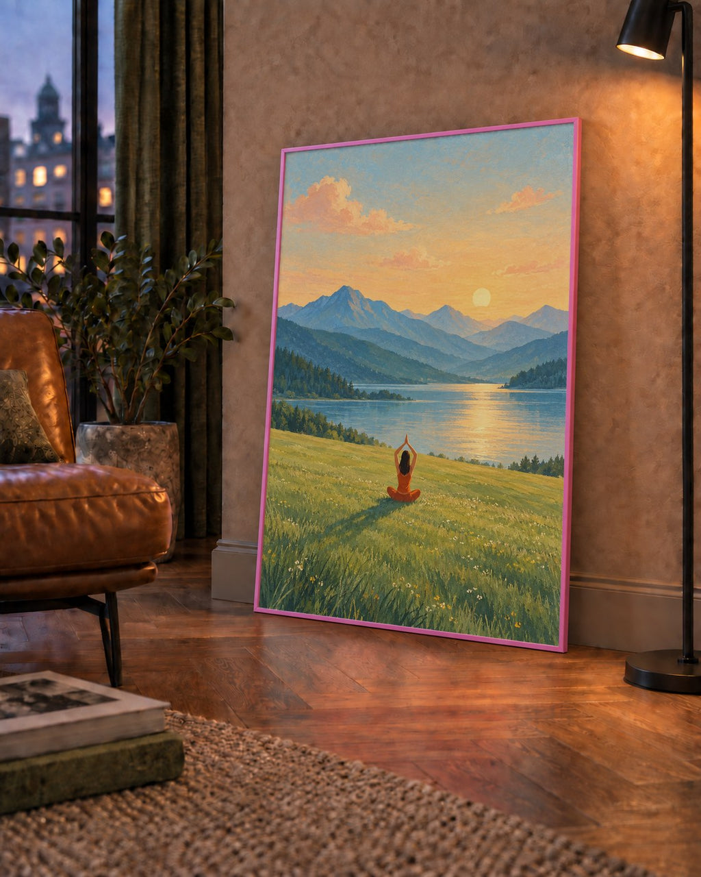 Dağ Meditasyonu Manzara Poster — çerçeveli hâliyle bir ev duvarında