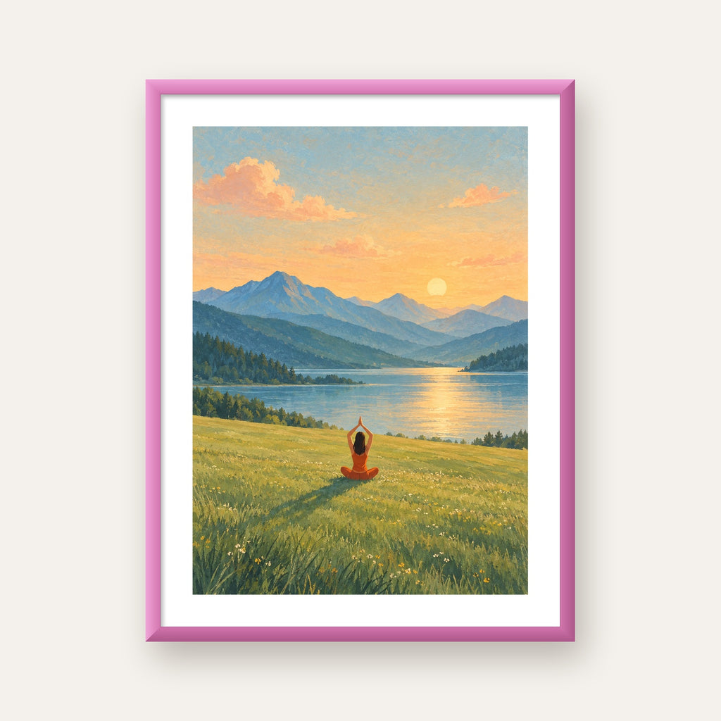 Dağ Meditasyonu Manzara Poster — pembe çerçeveli paspartulu