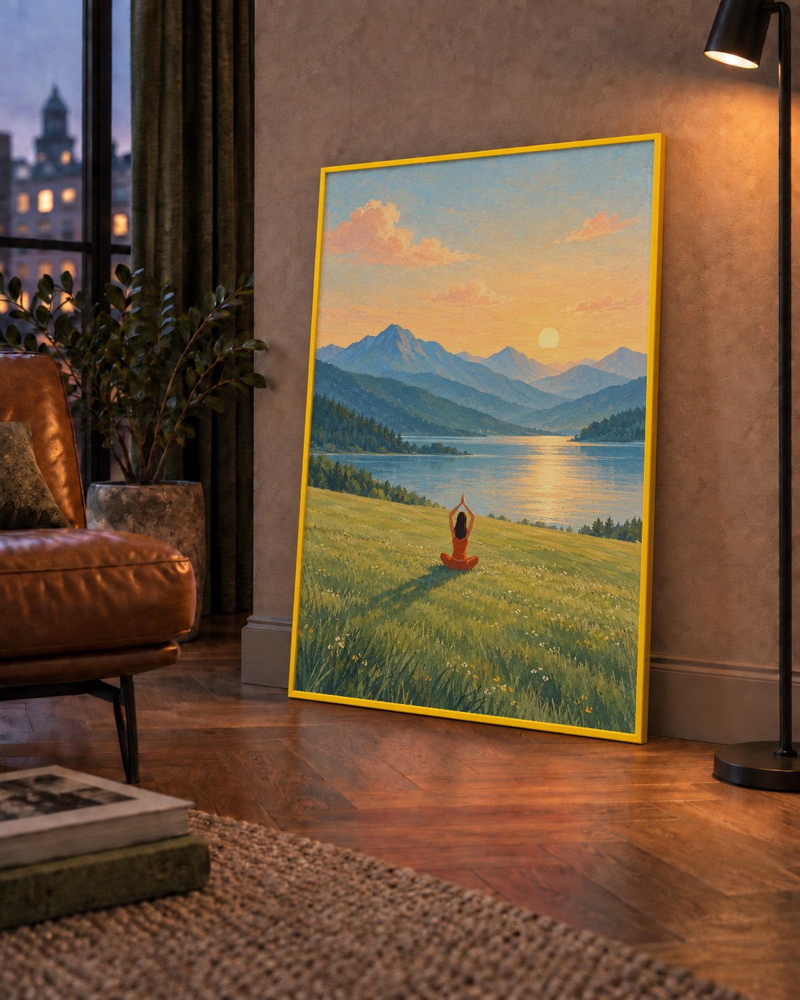Dağ Meditasyonu Manzara Poster — çerçeveli hâliyle bir ev duvarında