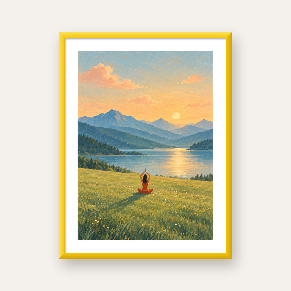 Dağ Meditasyonu Manzara Poster — sarı çerçeveli paspartulu