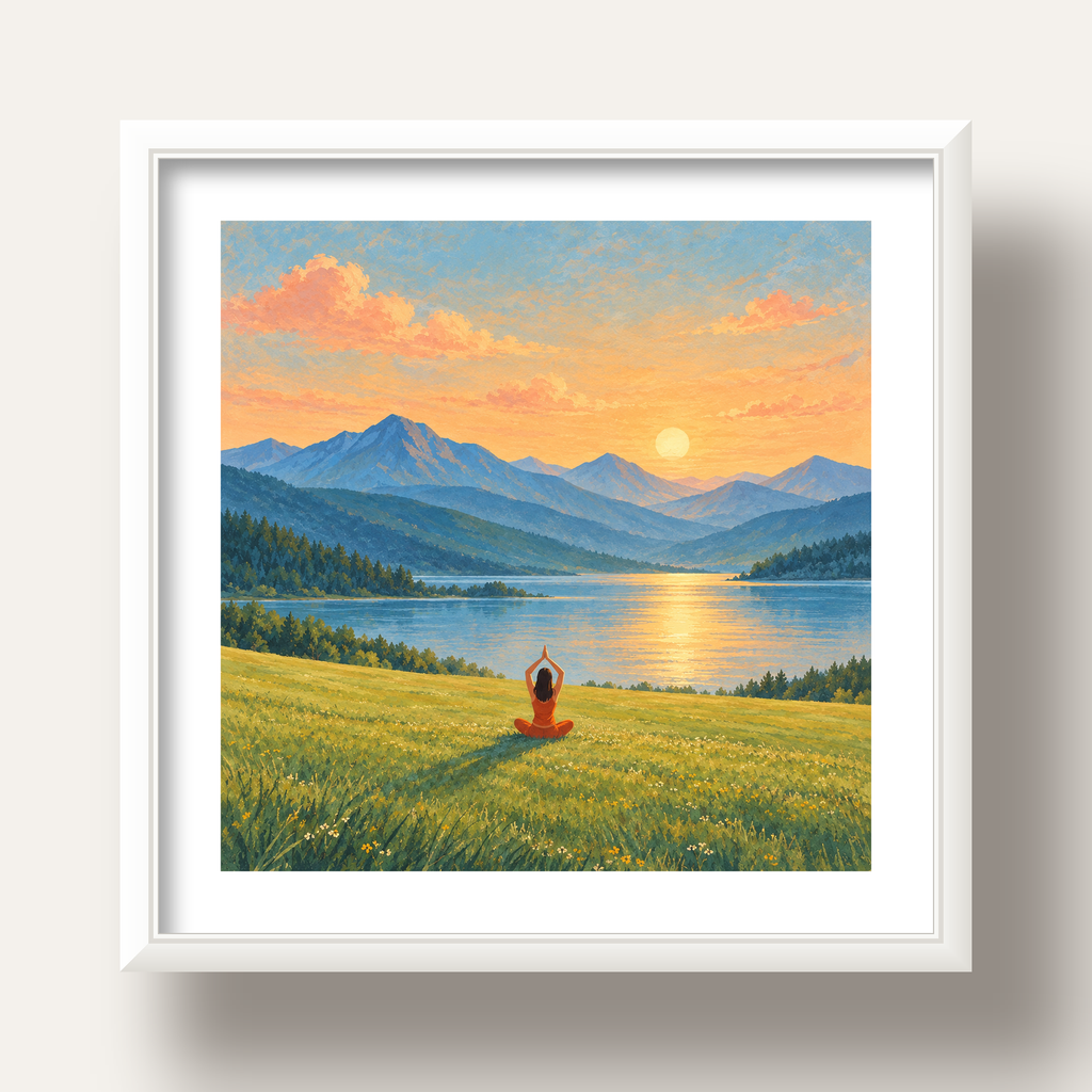Dağ Meditasyonu Manzara Poster — beyaz derin çerçeveli paspartulu