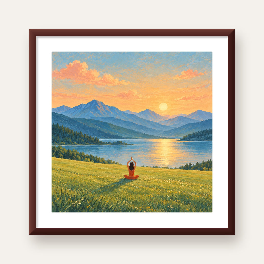 Dağ Meditasyonu Manzara Poster — ceviz çerçeveli paspartulu