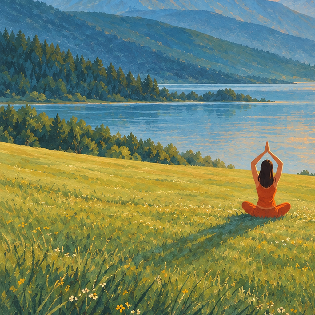 Doğada Meditasyon Manzarası Poster – Yoga ve Huzur Sanat Baskısı — baskının yakın çekimi, kâğıt dokusu ve renk detayı