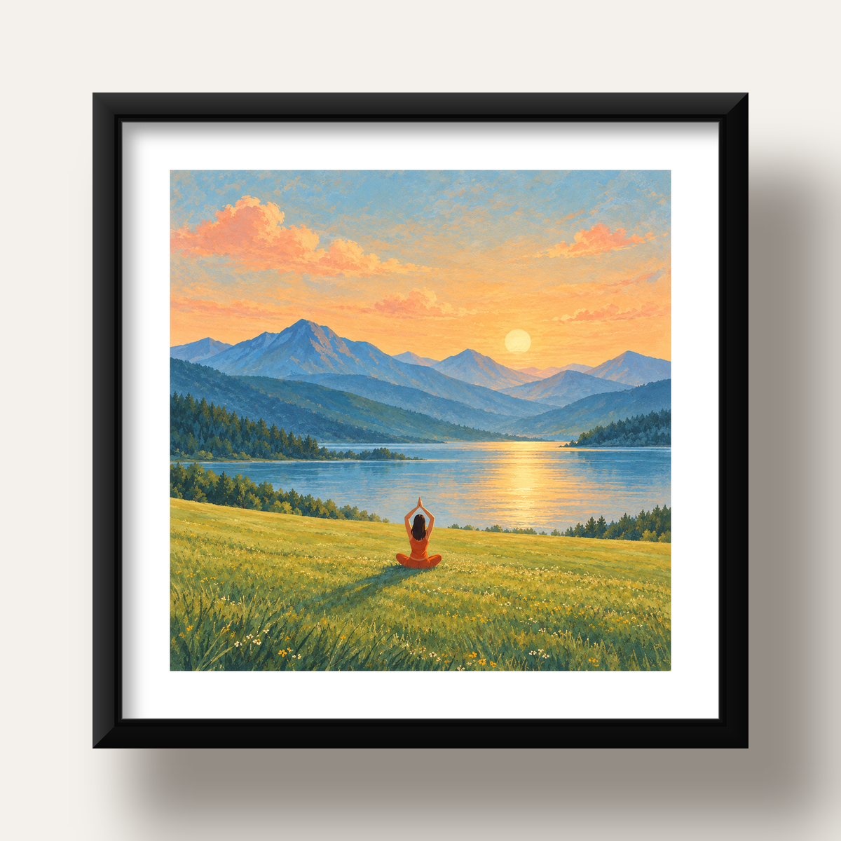 Dağ Meditasyonu Manzara Poster — siyah derin çerçeveli paspartulu