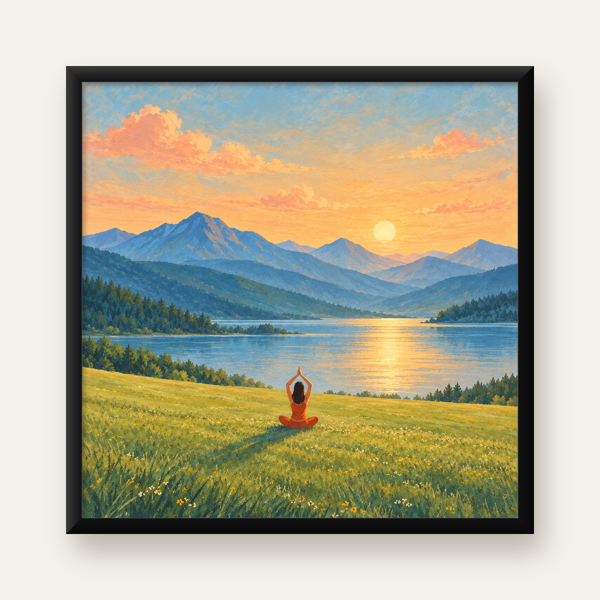Doğada Meditasyon Manzarası Poster – Yoga ve Huzur Sanat Baskısı — Kare baskı, düz siyah çerçeveli duvar posteri