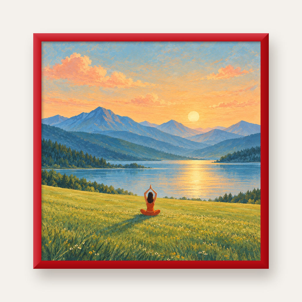 Dağ Meditasyonu Manzara Poster — kırmızı çerçeveli