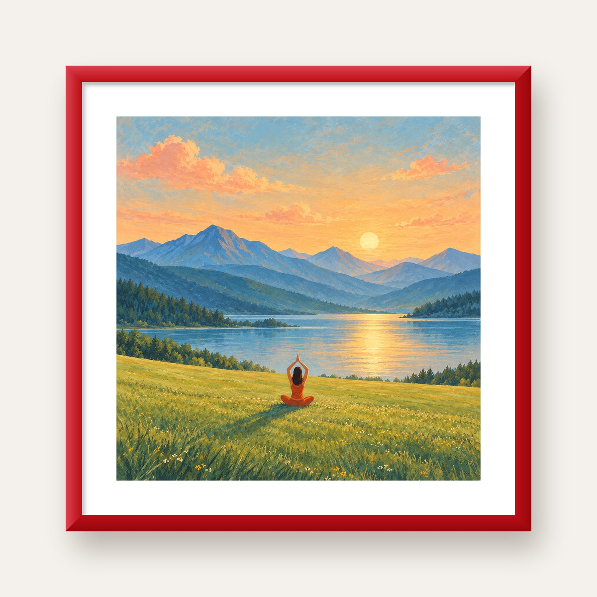 Dağ Meditasyonu Manzara Poster — kırmızı çerçeveli paspartulu