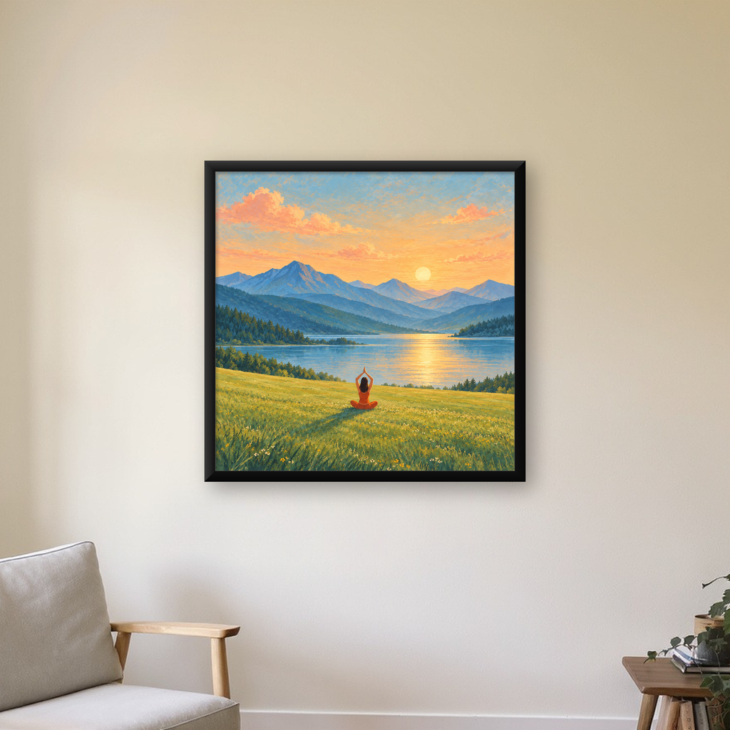 Doğada Meditasyon Manzarası Poster – Yoga ve Huzur Sanat Baskısı — Kare baskı, çerçeveli hâliyle bir ev duvarında