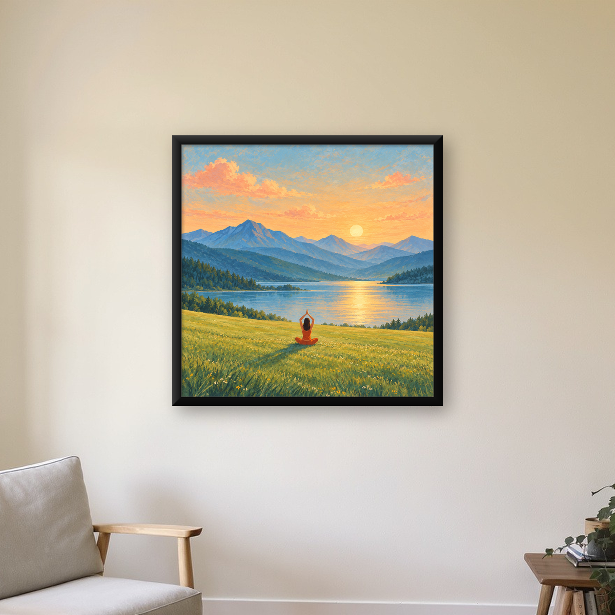 Doğada Meditasyon Manzarası Poster – Yoga ve Huzur Sanat Baskısı — Kare baskı, çerçeveli hâliyle bir ev duvarında