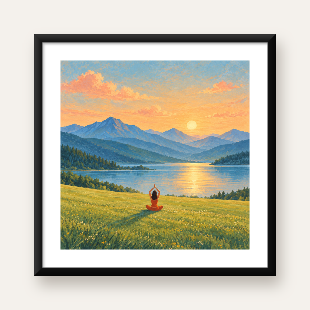 Doğada Meditasyon Manzarası Poster – Yoga ve Huzur Sanat Baskısı — Kare baskı, beyaz kenar boşluklu