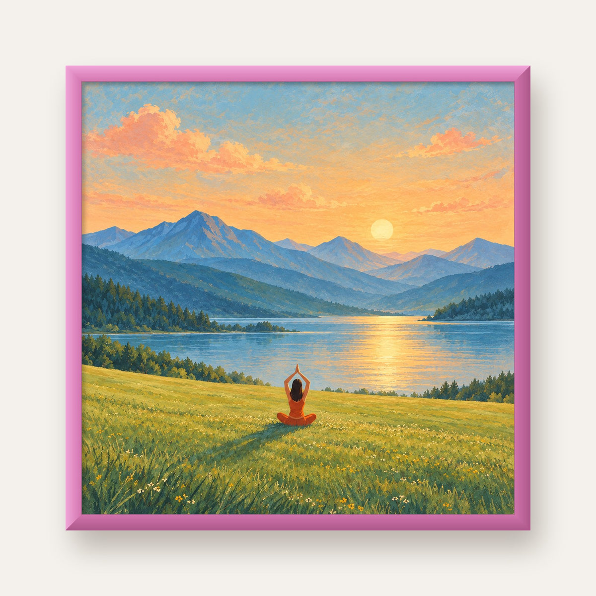 Dağ Meditasyonu Manzara Poster — pembe çerçeveli