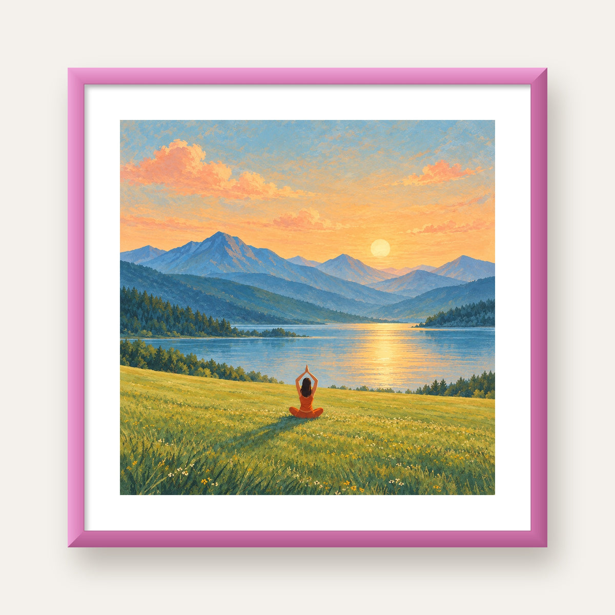 Dağ Meditasyonu Manzara Poster — pembe çerçeveli paspartulu