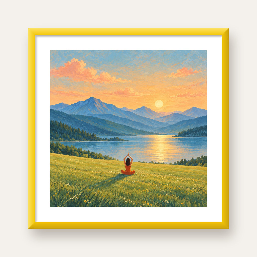 Dağ Meditasyonu Manzara Poster — sarı çerçeveli paspartulu