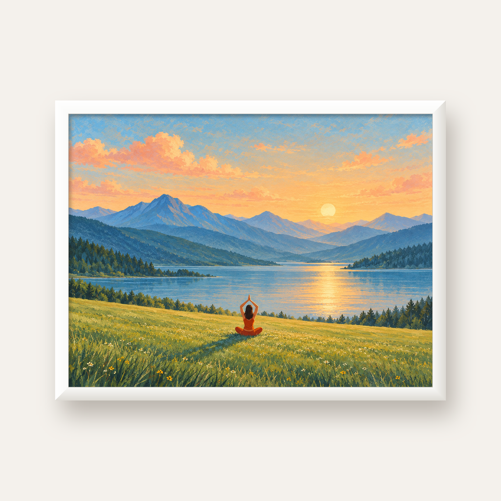 Dağ Meditasyonu Manzara Poster — beyaz çerçeveli yatay poster