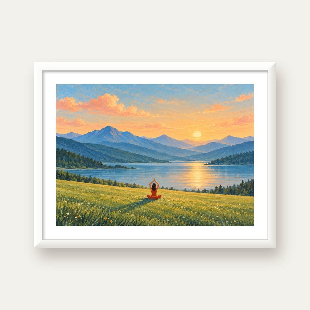 Dağ Meditasyonu Manzara Poster — beyaz çerçeveli yatay poster