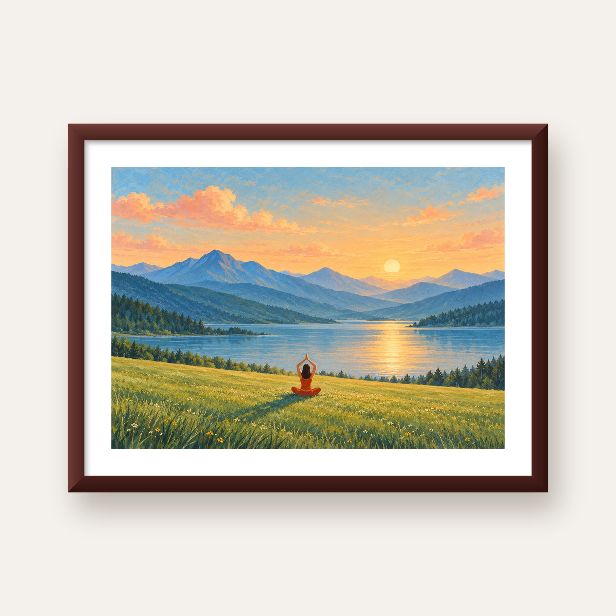 Dağ Meditasyonu Manzara Poster — ceviz çerçeveli paspartulu