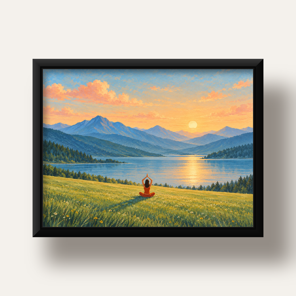 Dağ Meditasyonu Manzara Poster — siyah derin çerçeveli