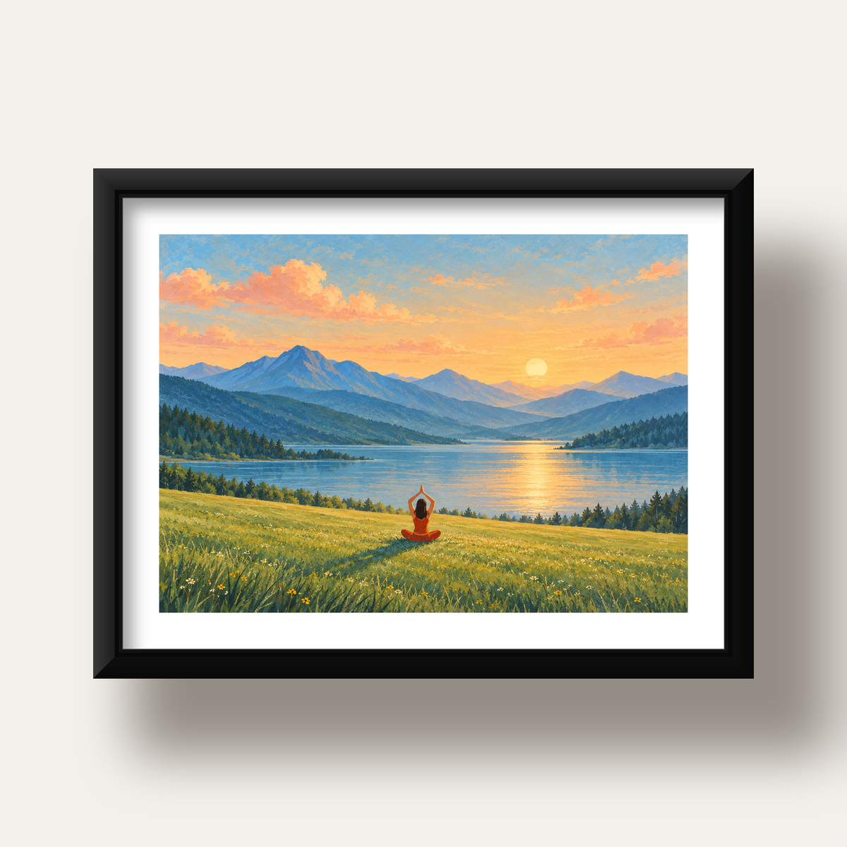 Dağ Meditasyonu Manzara Poster — siyah derin çerçeveli paspartulu