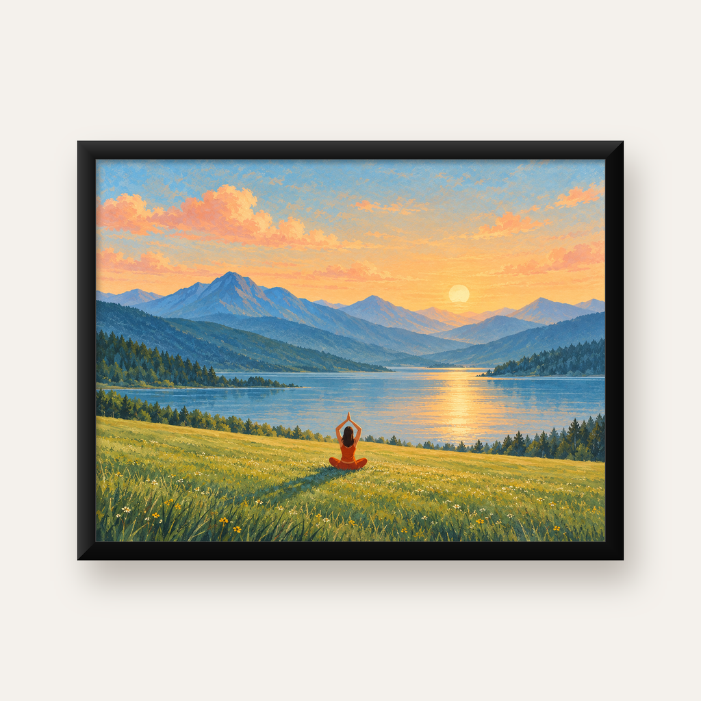 Doğada Meditasyon Manzarası Poster – Yoga ve Huzur Sanat Baskısı — Yatay baskı, düz siyah çerçeveli duvar posteri