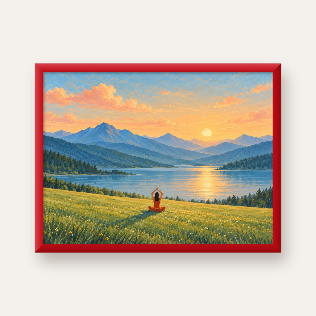 Dağ Meditasyonu Manzara Poster — kırmızı çerçeveli