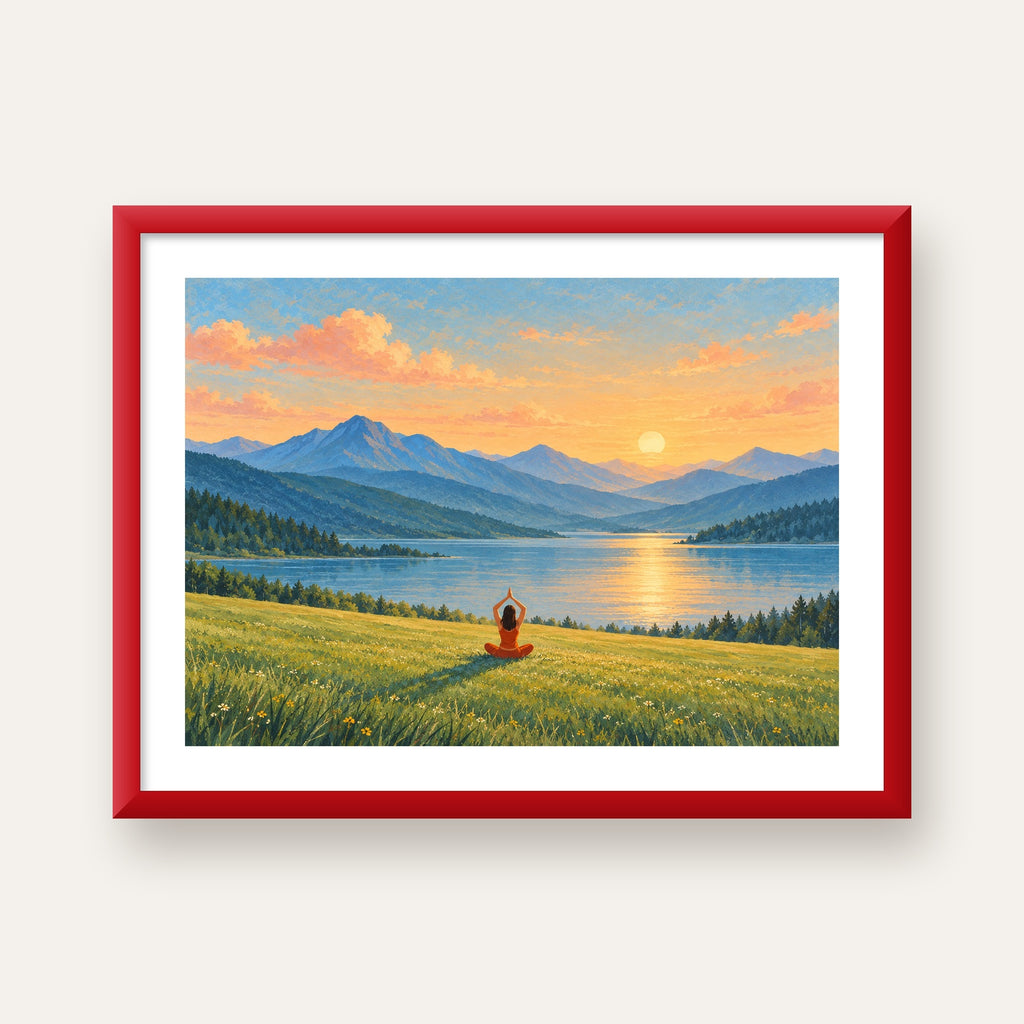 Dağ Meditasyonu Manzara Poster — kırmızı çerçeveli paspartulu