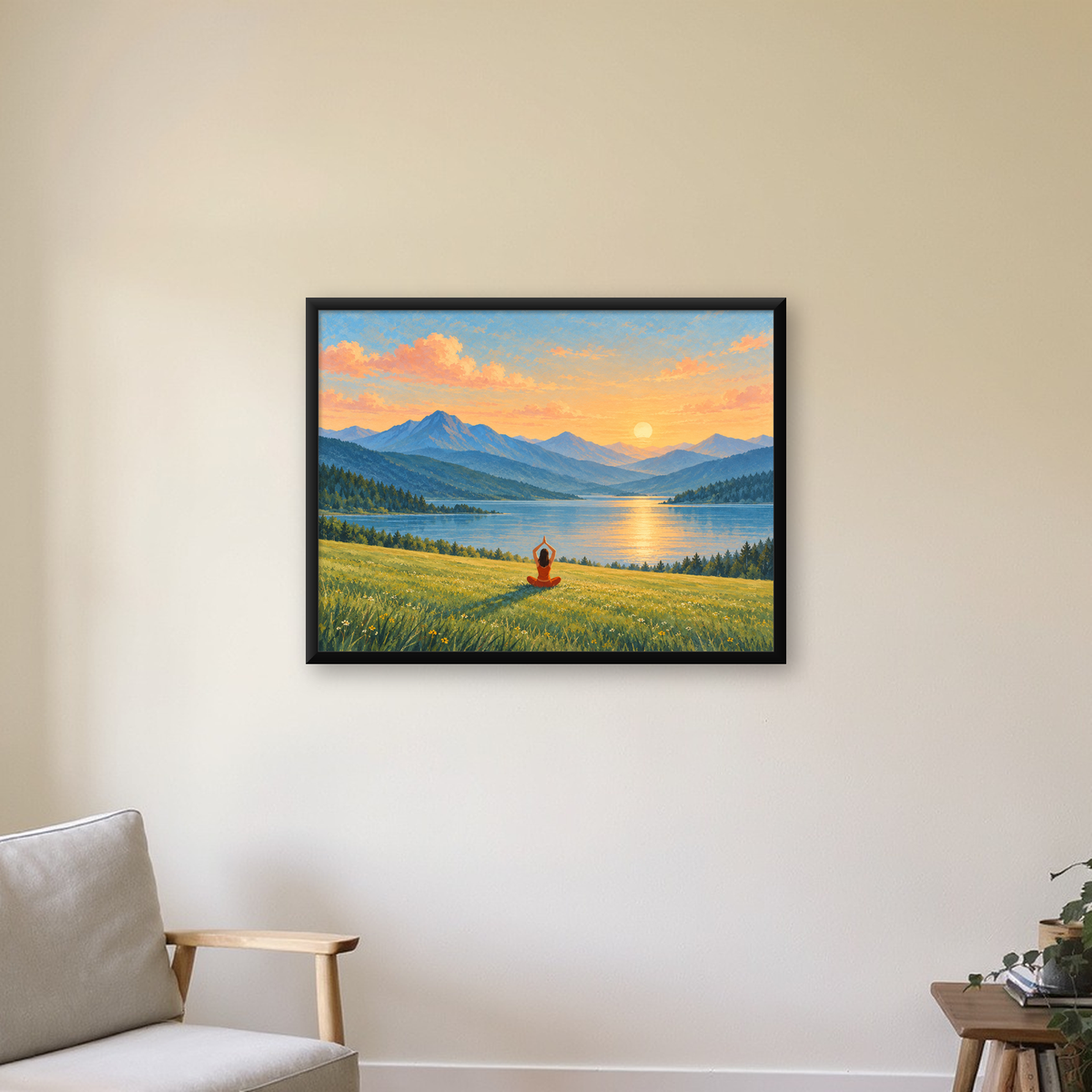 Doğada Meditasyon Manzarası Poster – Yoga ve Huzur Sanat Baskısı — Yatay baskı, çerçeveli hâliyle bir ev duvarında