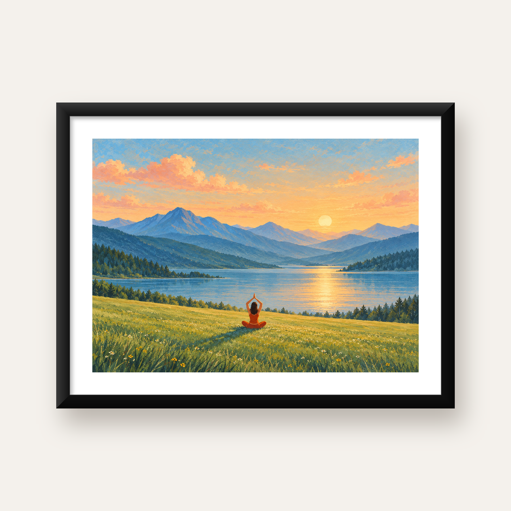 Doğada Meditasyon Manzarası Poster – Yoga ve Huzur Sanat Baskısı — Yatay baskı, beyaz kenar boşluklu