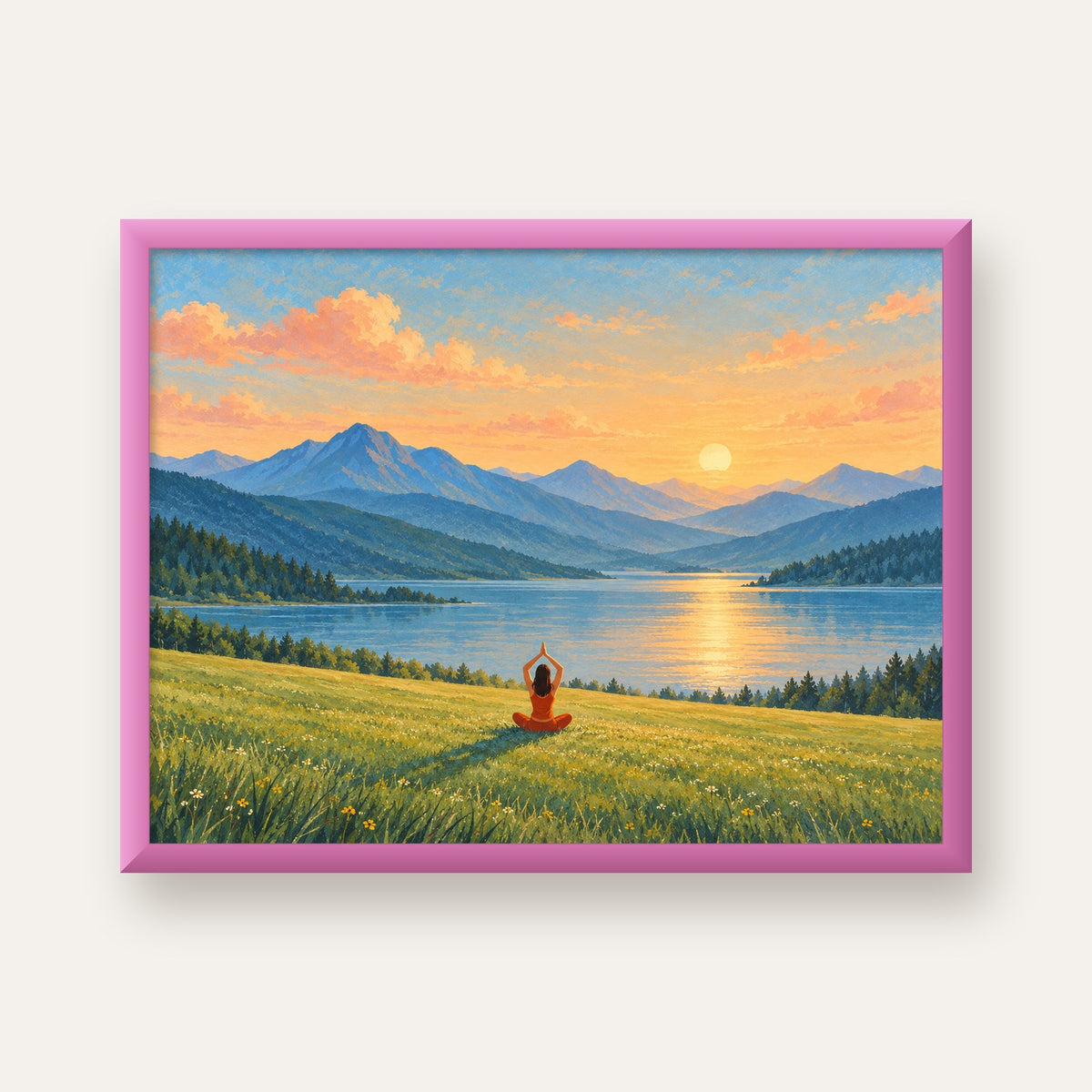 Dağ Meditasyonu Manzara Poster — pembe çerçeveli