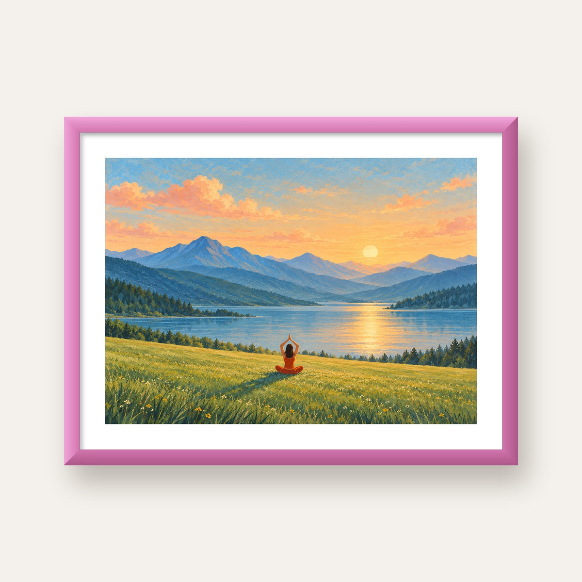 Dağ Meditasyonu Manzara Poster — pembe çerçeveli paspartulu