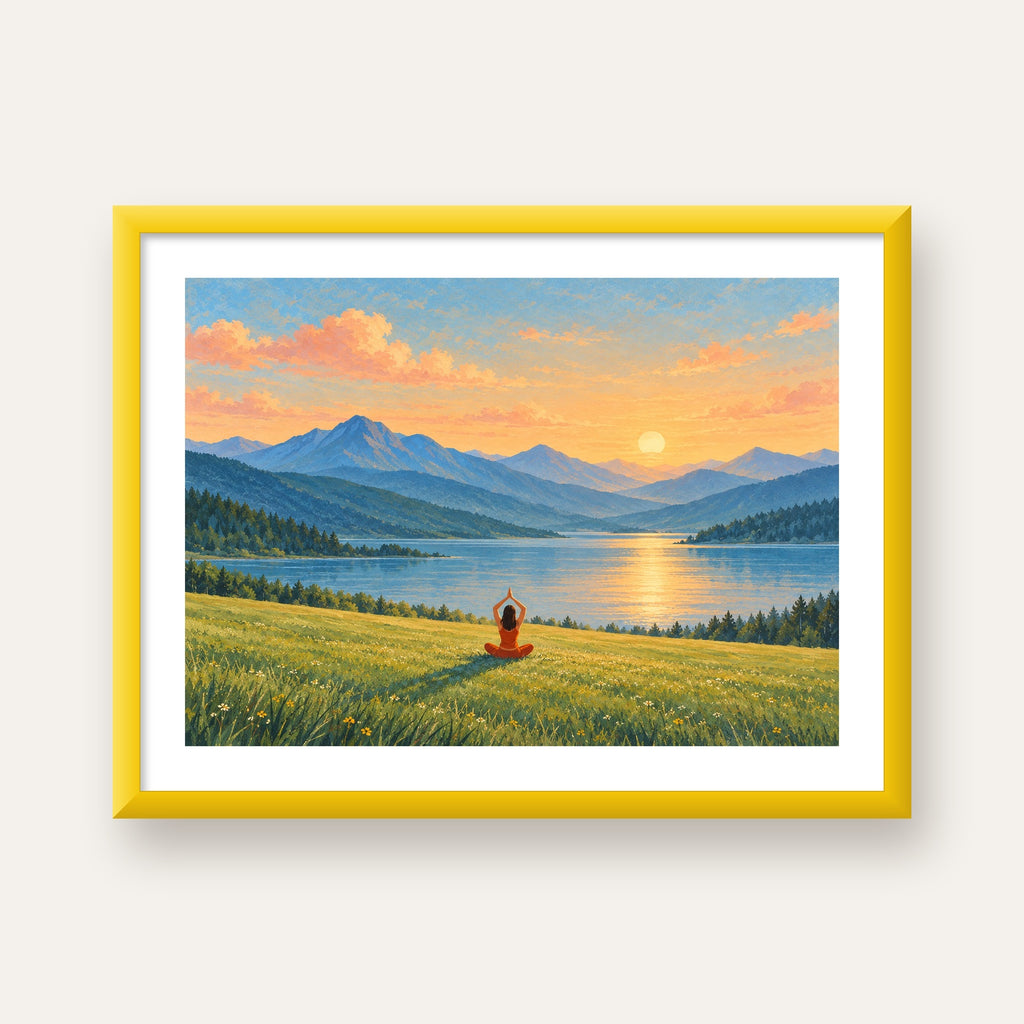 Dağ Meditasyonu Manzara Poster — sarı çerçeveli paspartulu