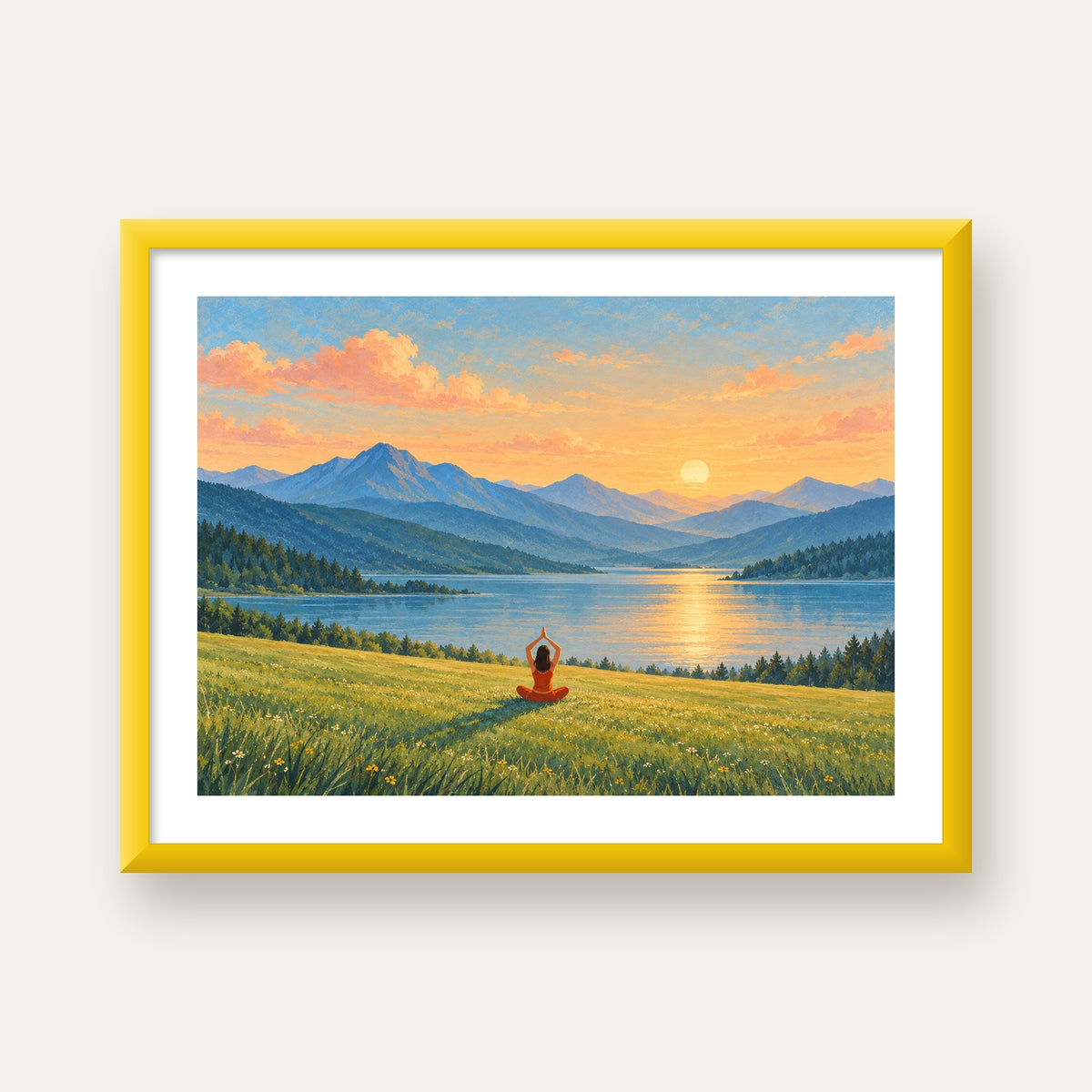 Dağ Meditasyonu Manzara Poster — sarı çerçeveli paspartulu