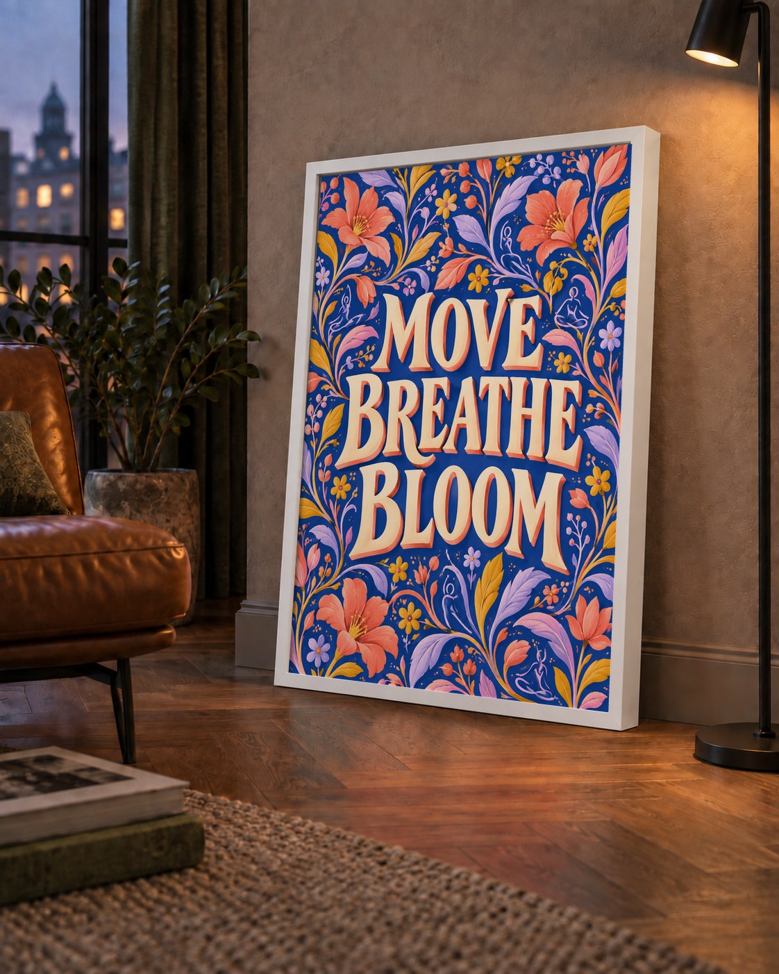 Move, Breathe, Bloom Çiçek Desenli Yoga Poster — çerçeveli hâliyle bir ev duvarında