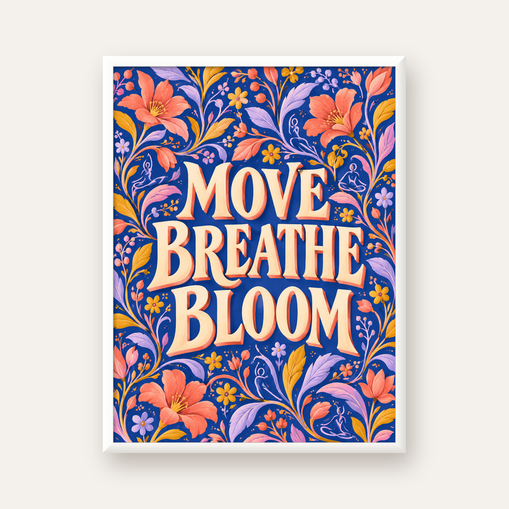 Move, Breathe, Bloom Çiçek Desenli Yoga Poster — beyaz çerçeveli dikey poster