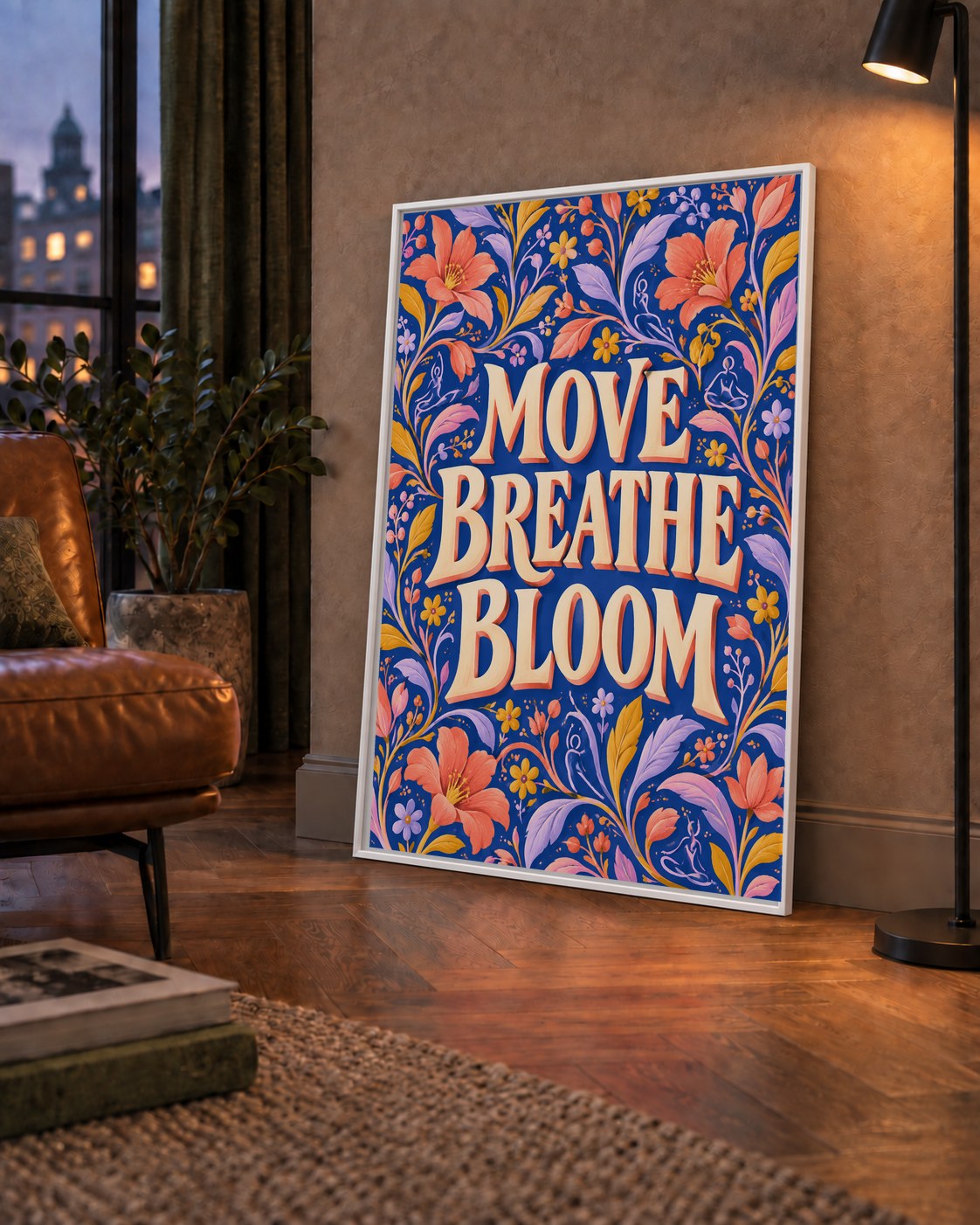 Move, Breathe, Bloom Çiçek Desenli Yoga Poster — çerçeveli hâliyle bir ev duvarında