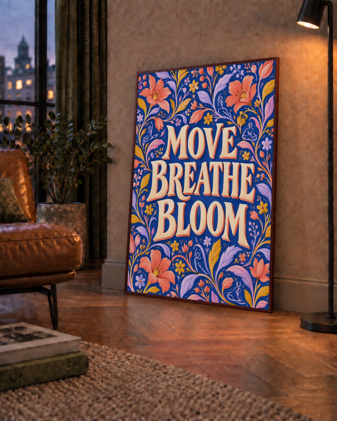 Move, Breathe, Bloom Çiçek Desenli Yoga Poster — çerçeveli hâliyle bir ev duvarında