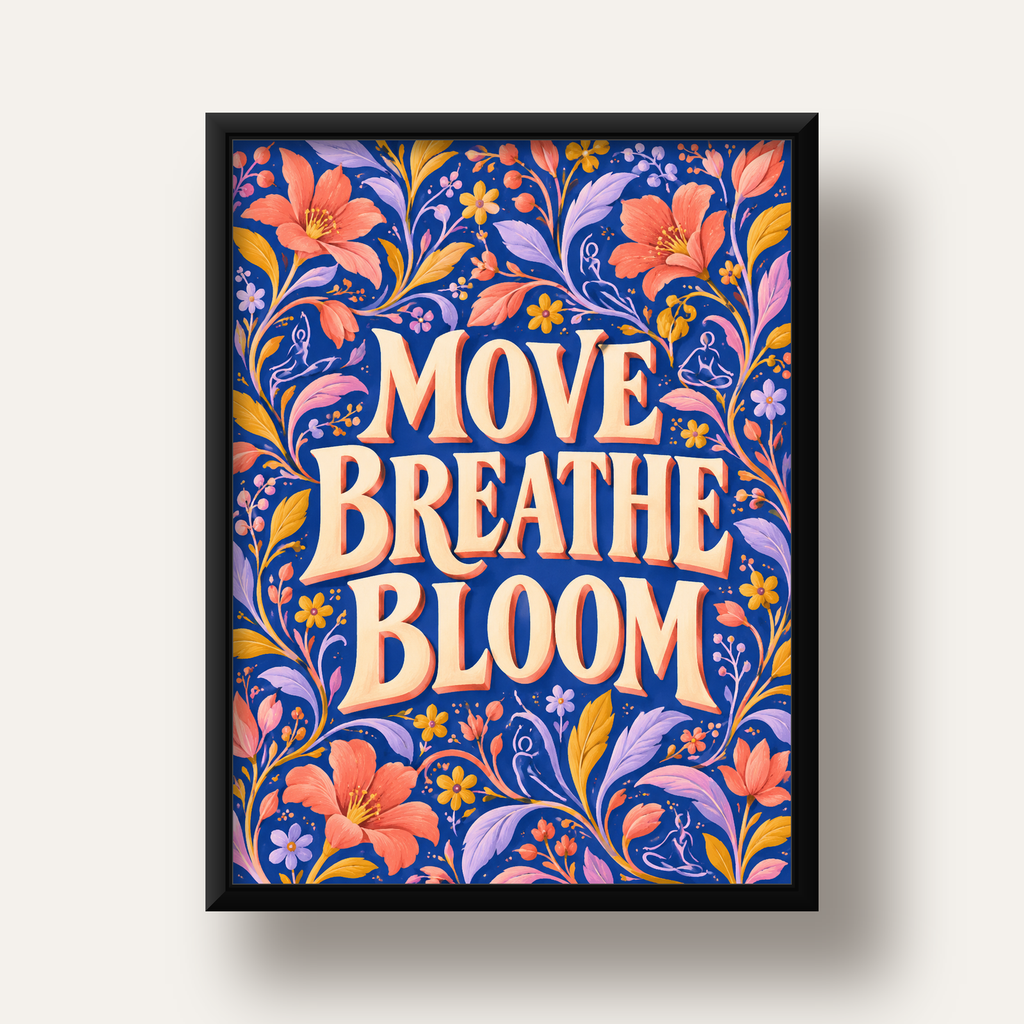 Move, Breathe, Bloom Çiçek Desenli Yoga Poster — siyah derin çerçeveli