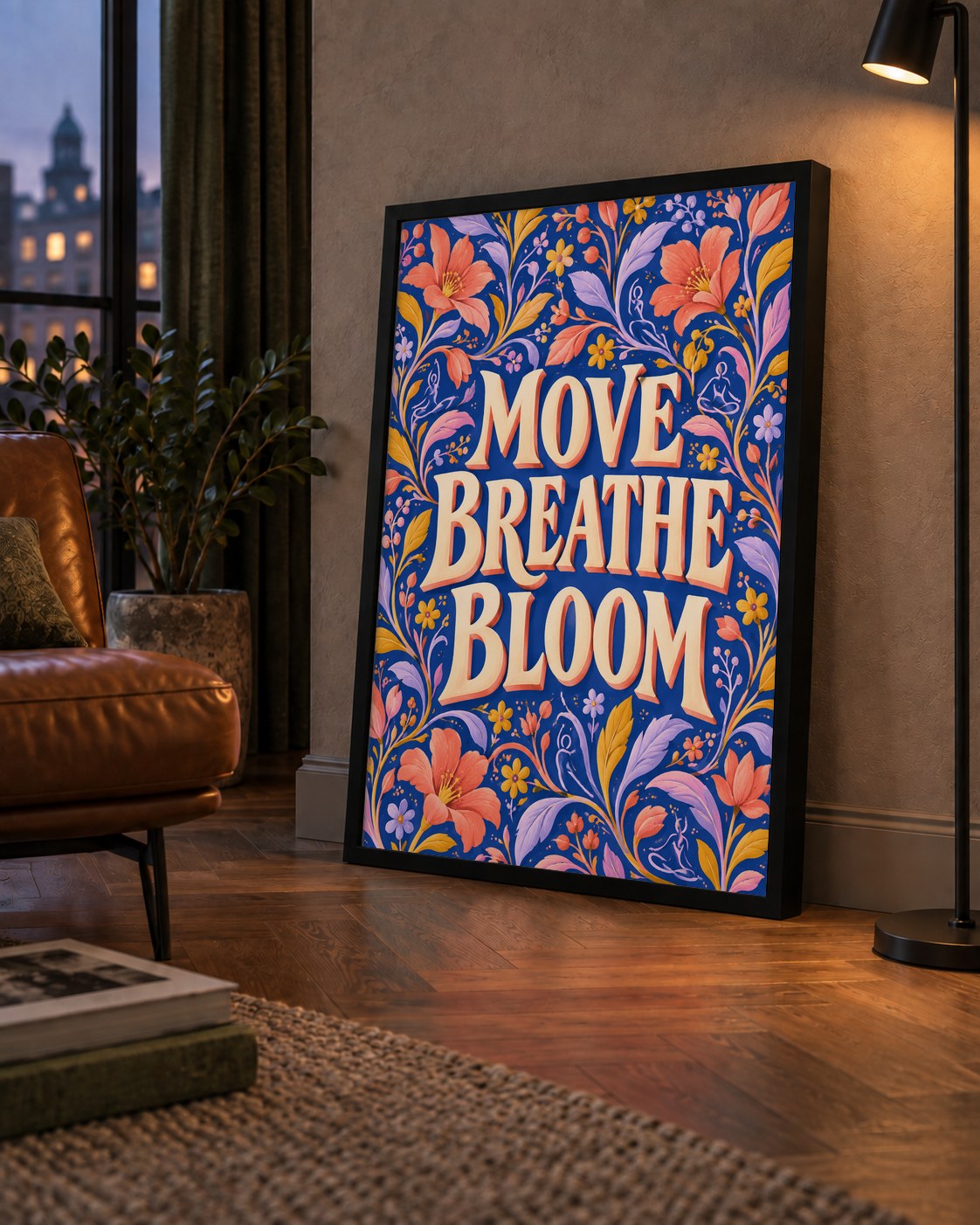 Move, Breathe, Bloom Çiçek Desenli Yoga Poster — çerçeveli hâliyle bir ev duvarında