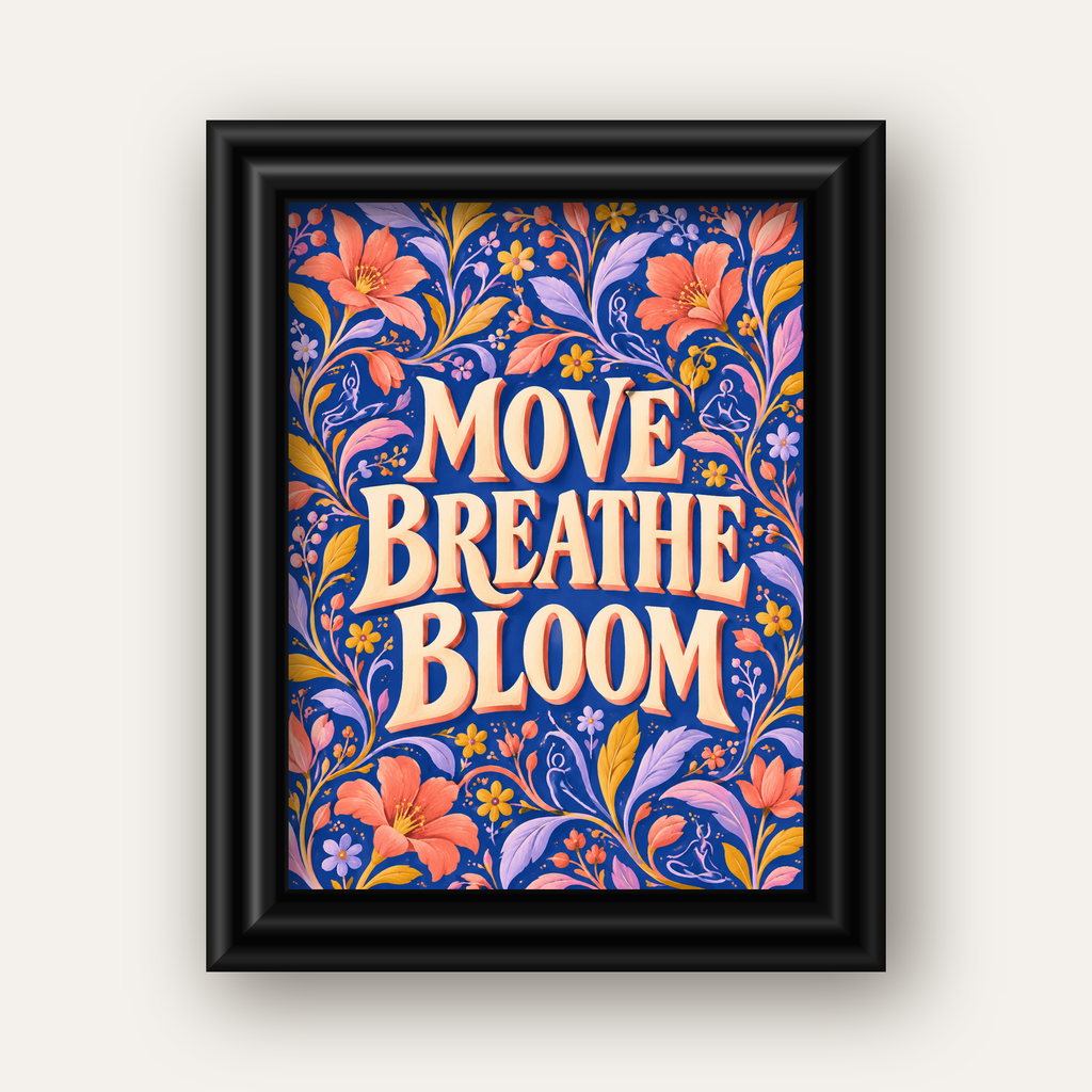 Move, Breathe, Bloom Çiçek Desenli Yoga Poster — siyah galeri çerçeveli