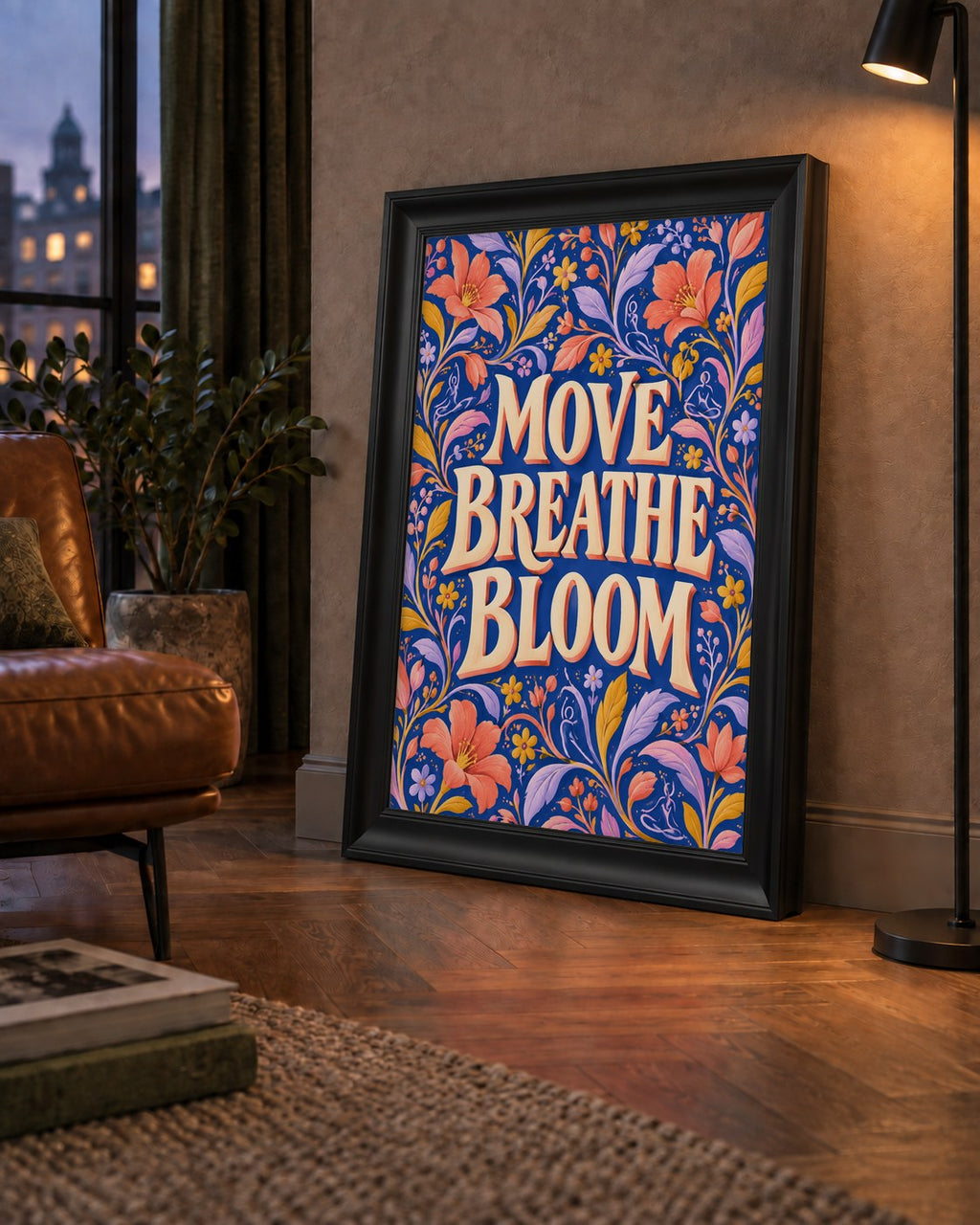 Move, Breathe, Bloom Çiçek Desenli Yoga Poster — çerçeveli hâliyle bir ev duvarında