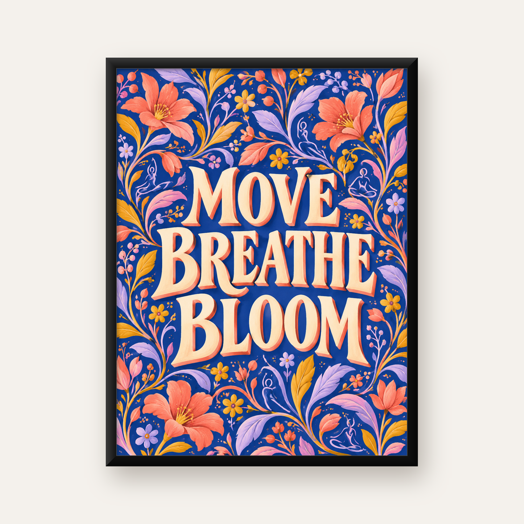 Move Breathe Bloom Çiçekli Motivasyon Sözü Poster — Dikey baskı, düz siyah çerçeveli duvar posteri