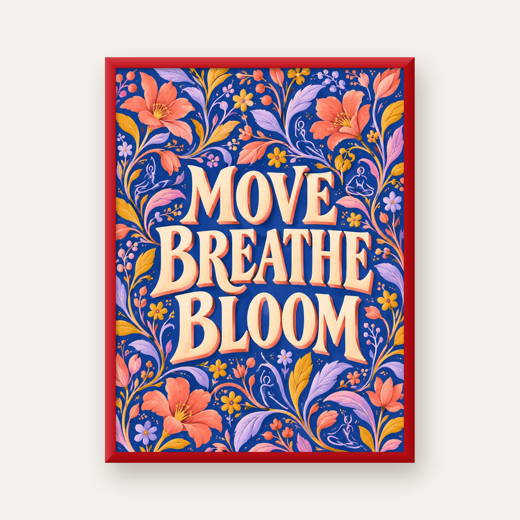 Move, Breathe, Bloom Çiçek Desenli Yoga Poster — kırmızı çerçeveli