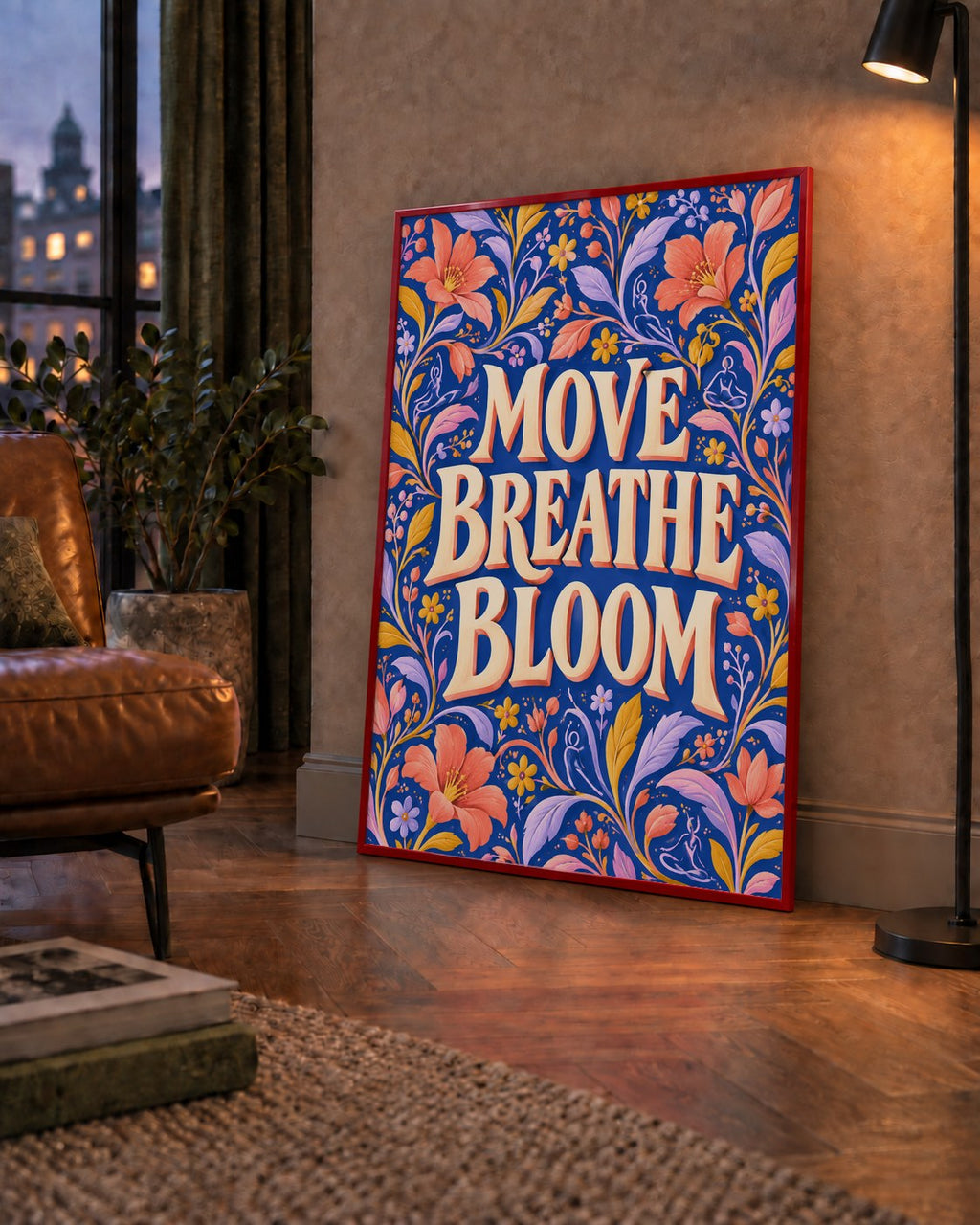 Move, Breathe, Bloom Çiçek Desenli Yoga Poster — çerçeveli hâliyle bir ev duvarında