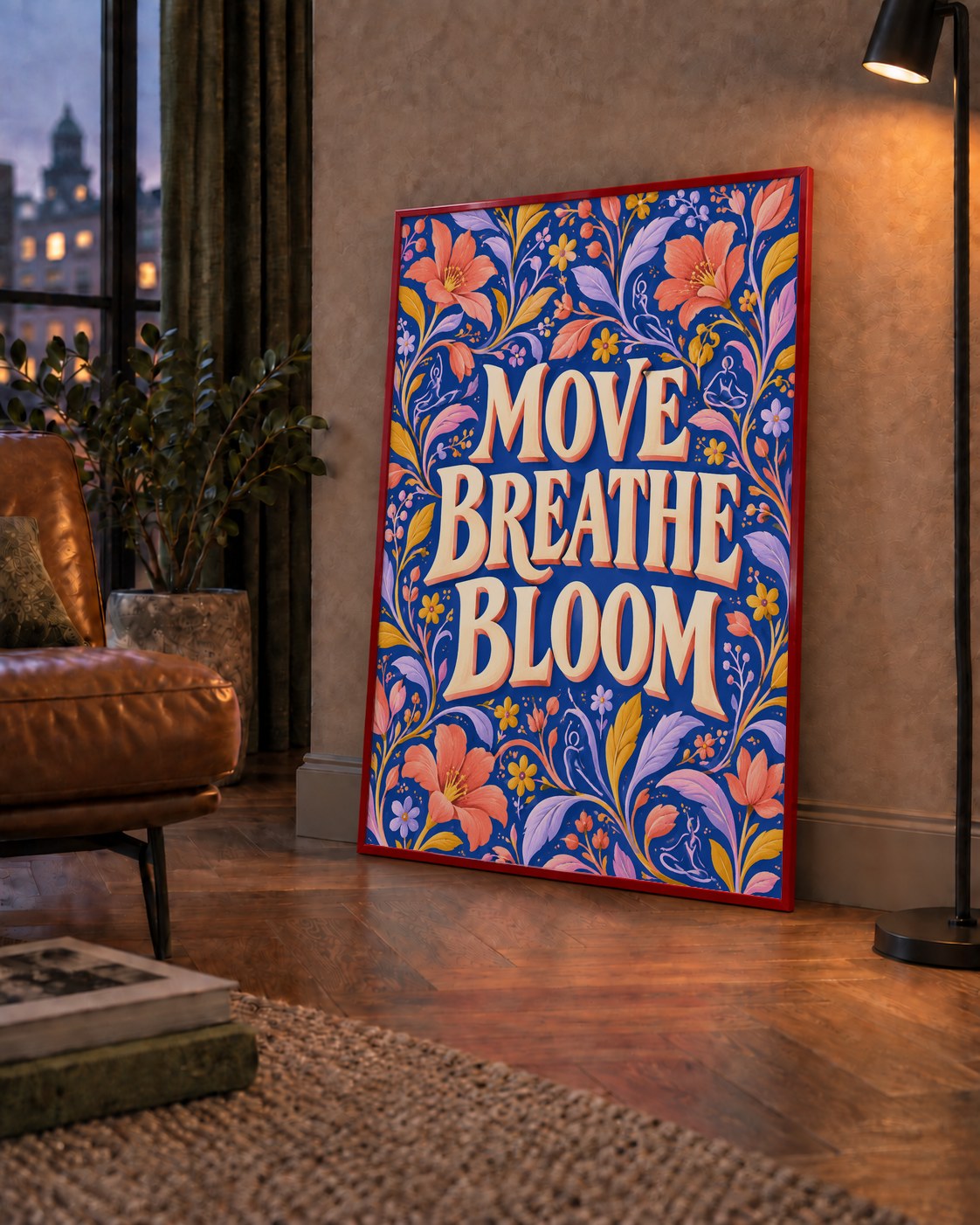 Move, Breathe, Bloom Çiçek Desenli Yoga Poster — çerçeveli hâliyle bir ev duvarında