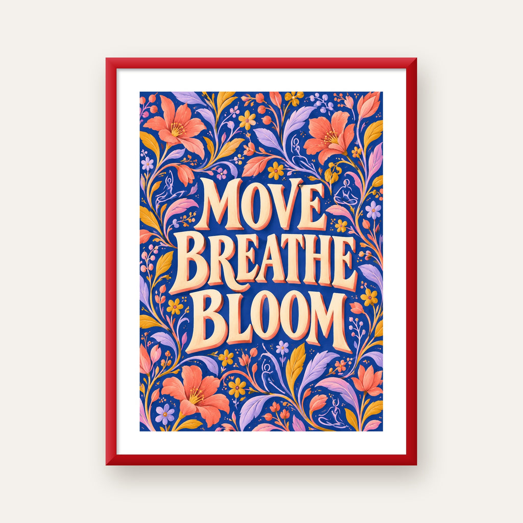 Move, Breathe, Bloom Çiçek Desenli Yoga Poster — kırmızı çerçeveli paspartulu